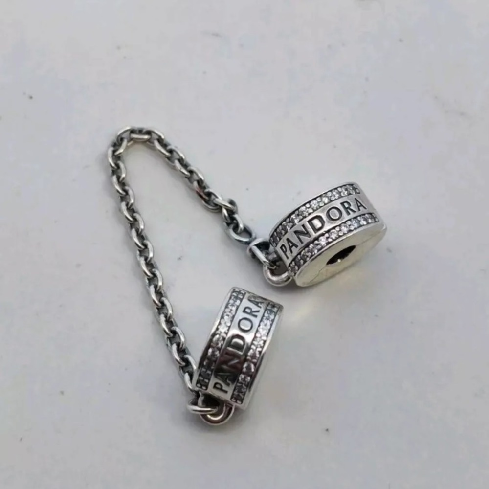 Sterling Silver Pandora Safety Chain with Pandora Logo w/ CZs Design